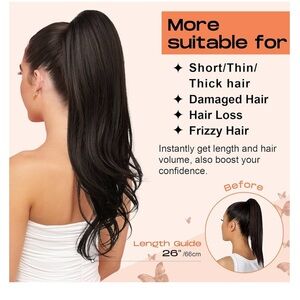 Women's 26" Full Black-Brown Wavy Hair Extension Ponytail, Synthetic